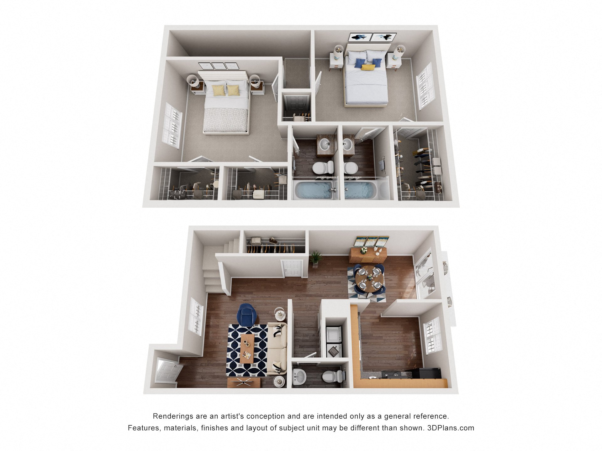 Floor plan for 2 beds, 2.5 baths, 1228 sqft